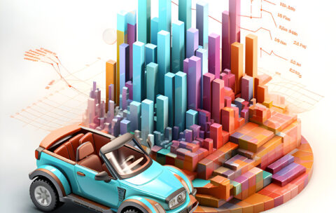 car with city and bar chart on white background. 3d illustration