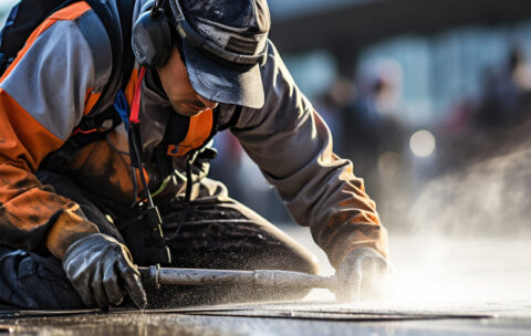 Concrete pavement in progress by a diligent worker.