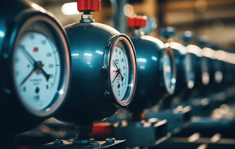 Cylinder metal tanks with pressure gauges in the petrochemical i
