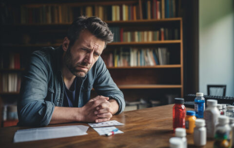 depressivnyi-celovek-smotrit-na-svoi-lekarstva