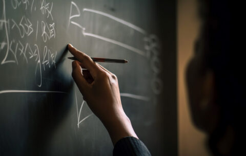 Teacher holds pen, points to math formula generated by AI